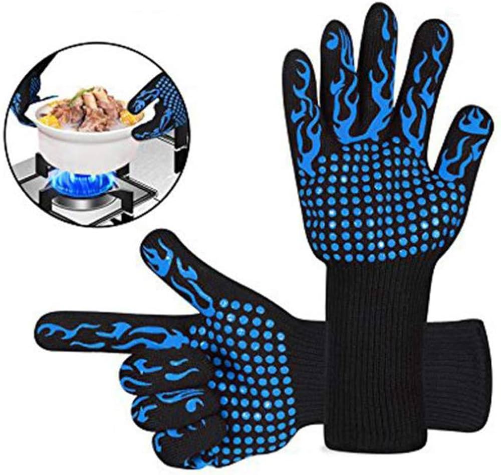 Heat Resistant BBQ Gloves for Hot Temperature Cooking, Barbecue Grilling or Baking Bread Pizza, Safe Oven Mittens with Fingers