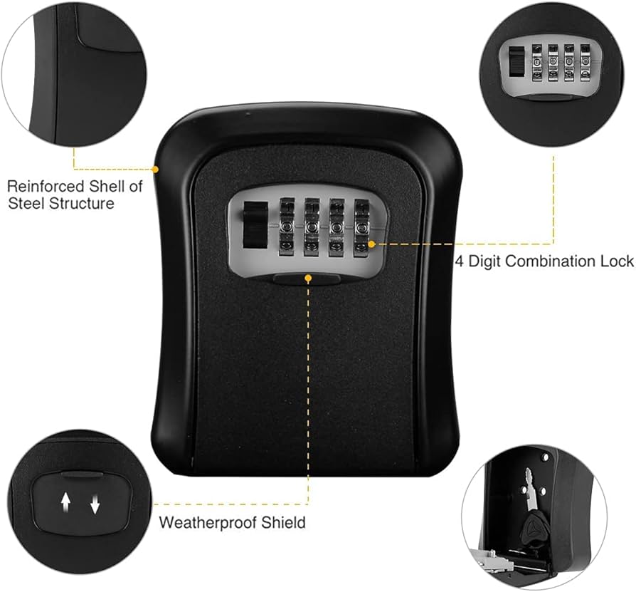 Key Safe Box Weatherproof 4 Digit Combination Outdoor Key Security Storage Case Key Lock Box Wall Mounted Aluminum Alloy Plastic