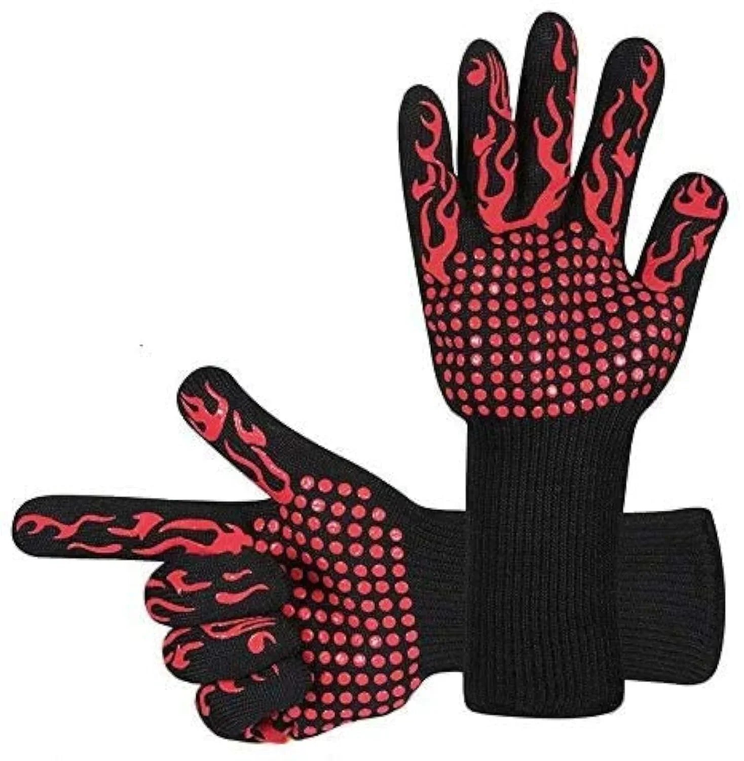 Heat Resistant BBQ Gloves for Hot Temperature Cooking, Barbecue Grilling or Baking Bread Pizza, Safe Oven Mittens with Fingers