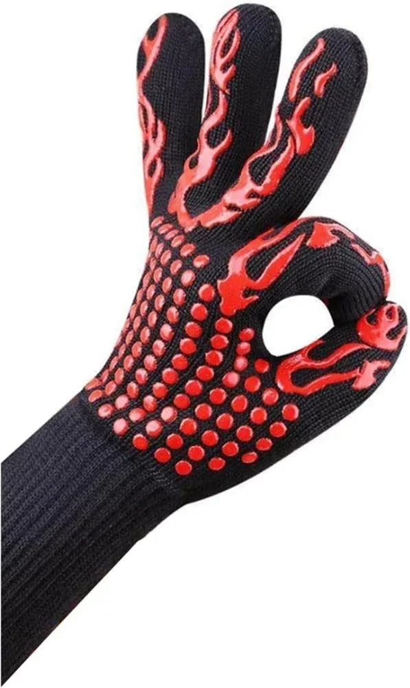 Heat Resistant BBQ Gloves for Hot Temperature Cooking, Barbecue Grilling or Baking Bread Pizza, Safe Oven Mittens with Fingers