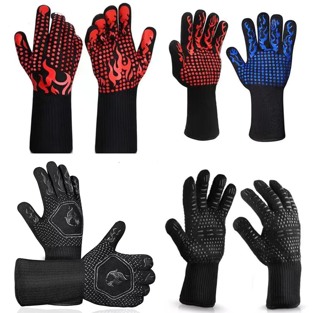 Heat Resistant BBQ Gloves for Hot Temperature Cooking, Barbecue Grilling or Baking Bread Pizza, Safe Oven Mittens with Fingers