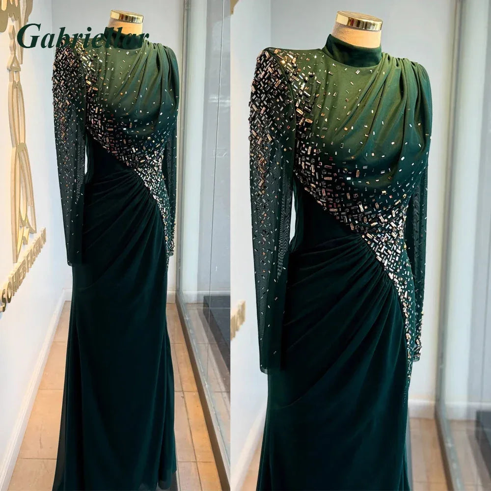 Gabriellar Fashionable Celebrity Dress High Neck Long Sleeves Zipper Rhinestones Floor Length Formal Party Gown Customized