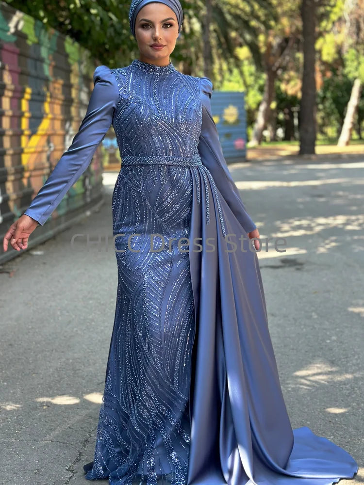 Muslim Evening Dresses Hijab High Neck Long Sleeve Mermaid Stain Prom Dress Pleat Sequined Wedding Guest Party Gown Customized