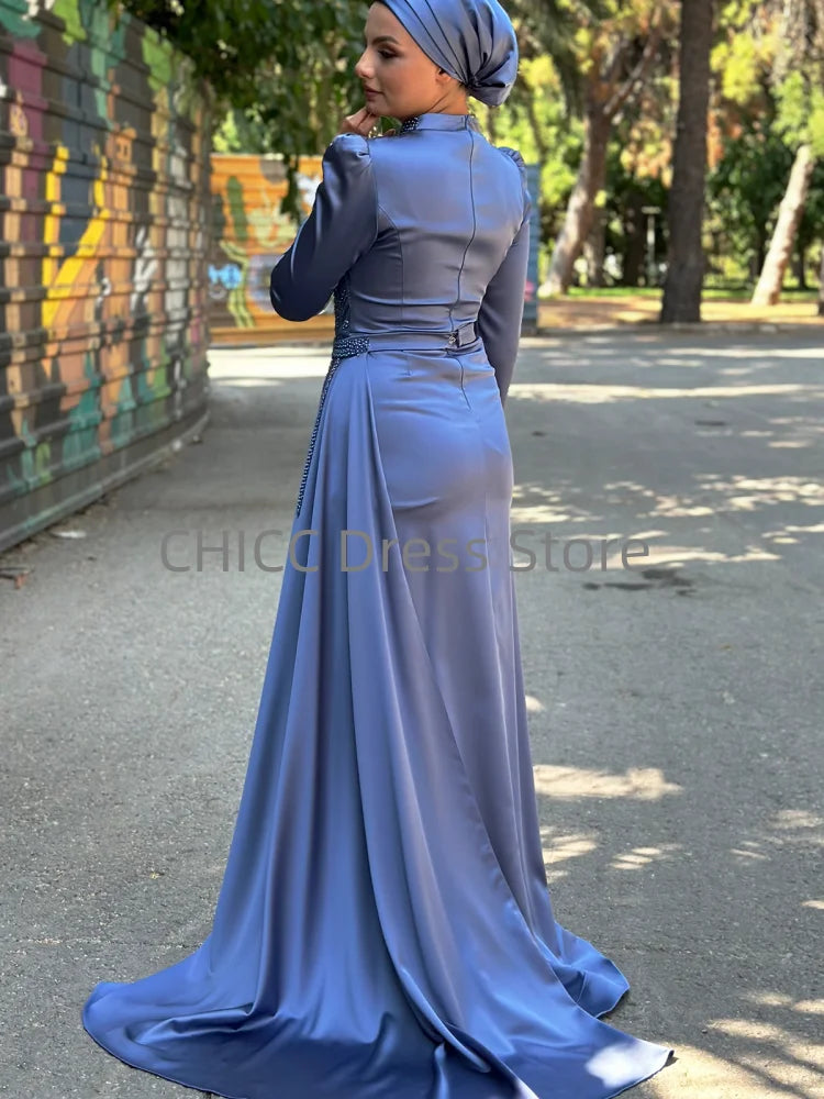 Muslim Evening Dresses Hijab High Neck Long Sleeve Mermaid Stain Prom Dress Pleat Sequined Wedding Guest Party Gown Customized