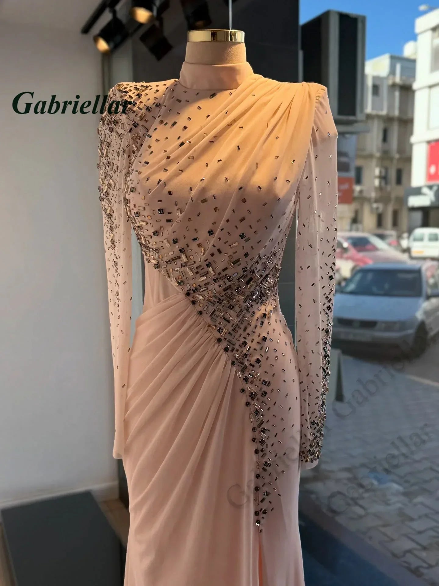 Gabriellar Fashionable Celebrity Dress High Neck Long Sleeves Zipper Rhinestones Floor Length Formal Party Gown Customized