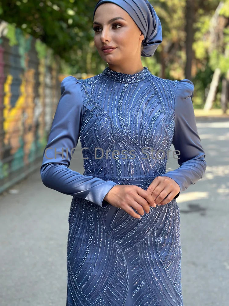 Muslim Evening Dresses Hijab High Neck Long Sleeve Mermaid Stain Prom Dress Pleat Sequined Wedding Guest Party Gown Customized
