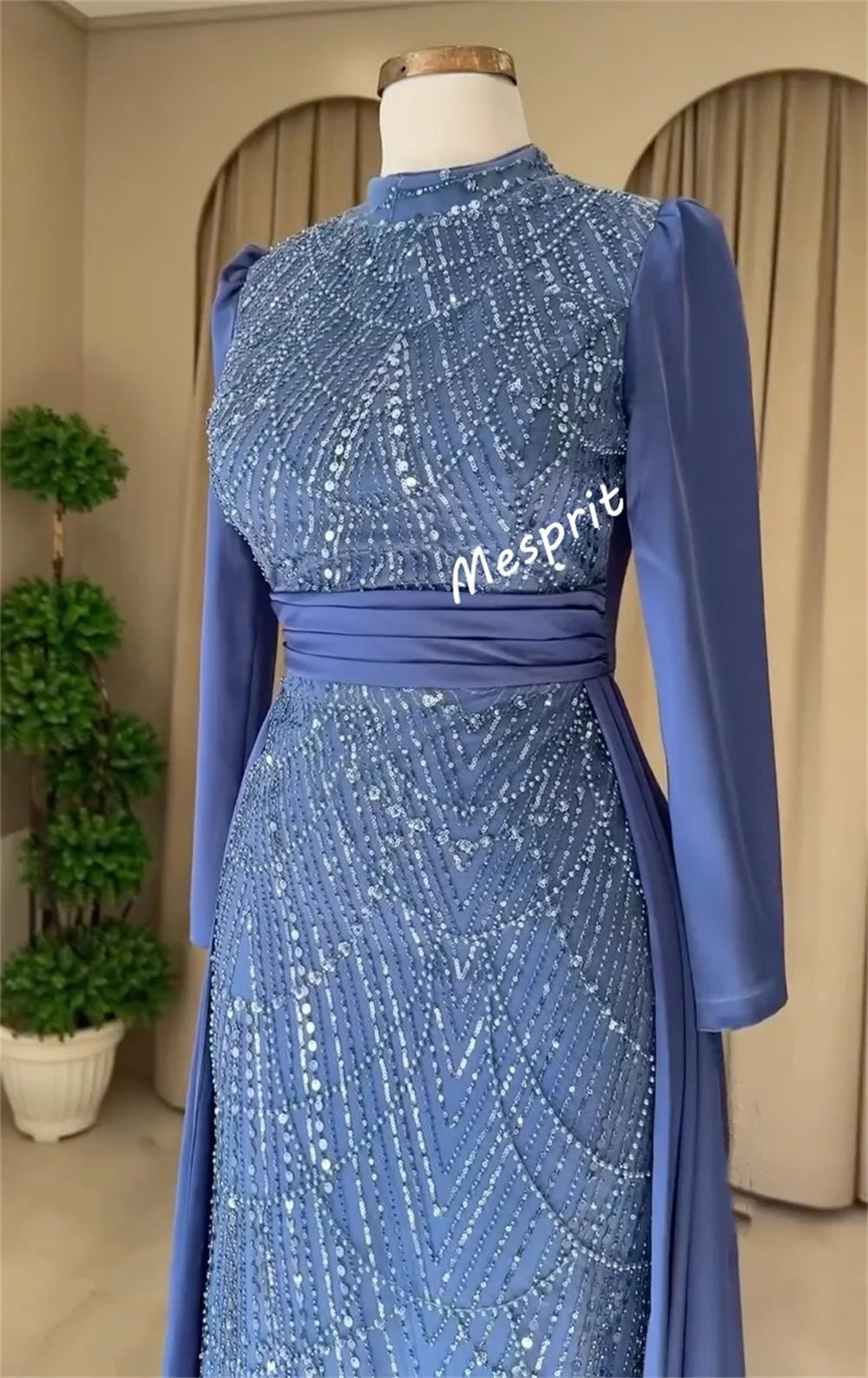 Customized Charmeuse Sequined PleatClassicHigh Collar A-lineLong Dresses Bespoke Occasion Women Luxury Evening Elegant Party