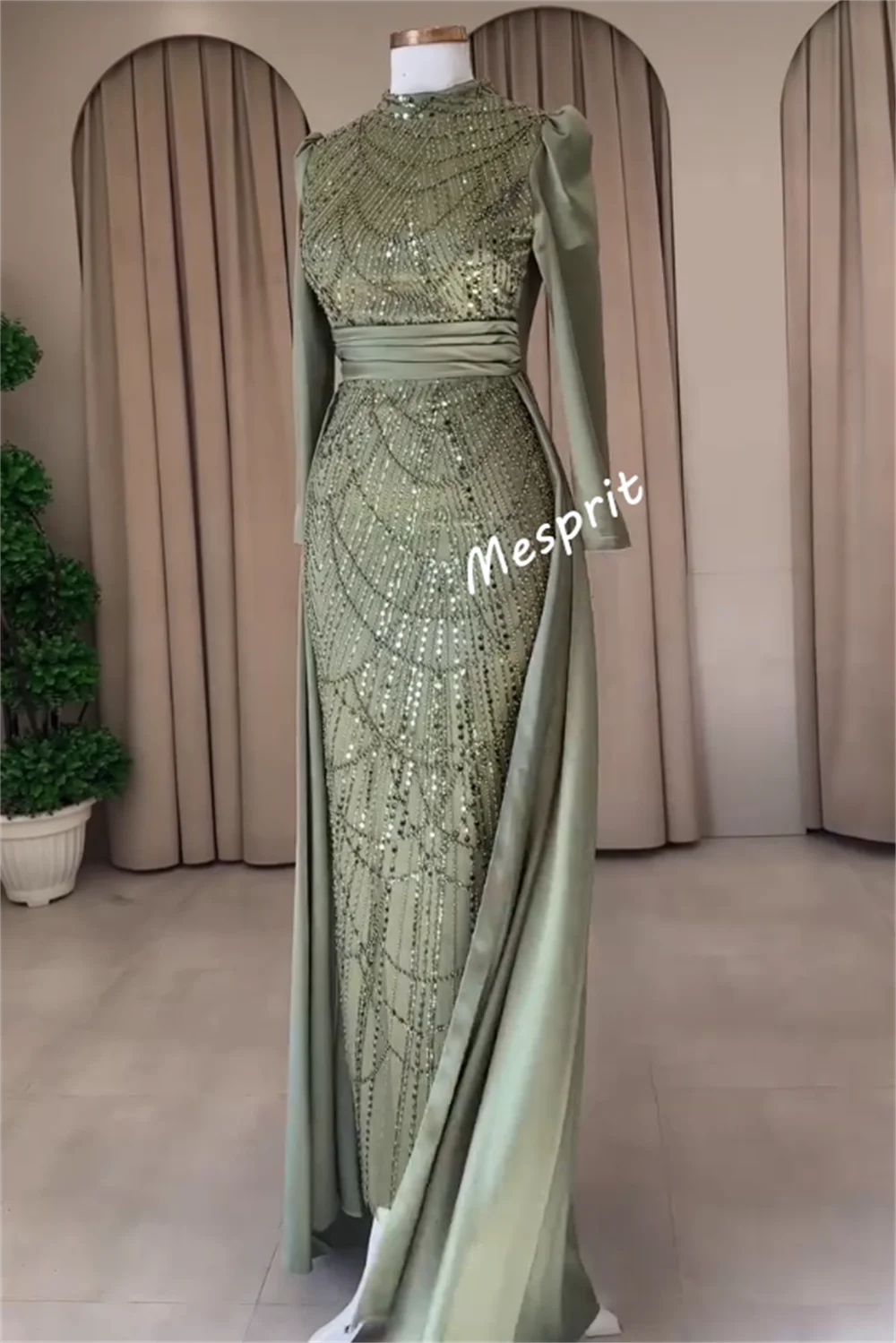 Customized Charmeuse Sequined PleatClassicHigh Collar A-lineLong Dresses Bespoke Occasion Women Luxury Evening Elegant Party