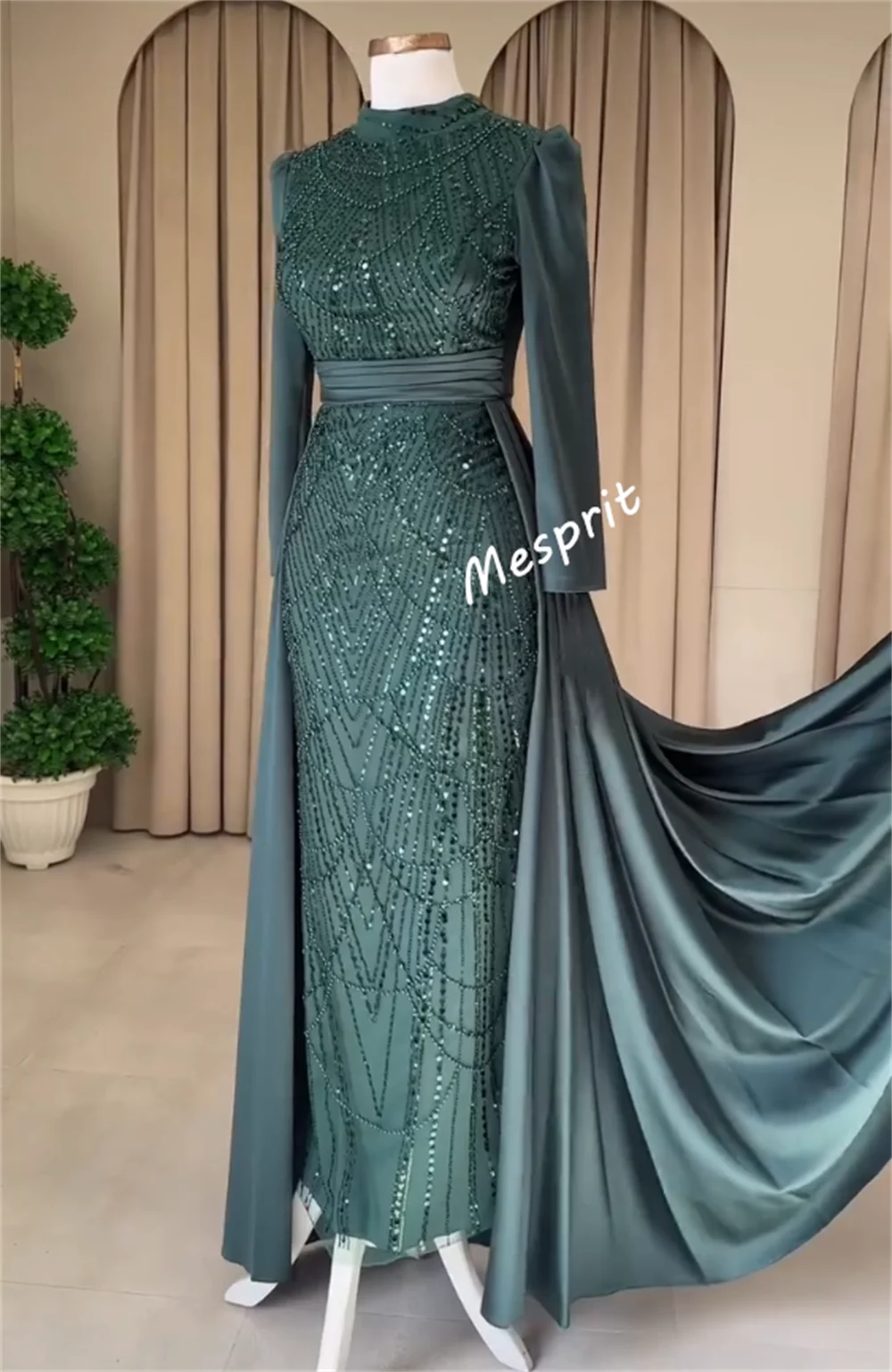 Customized Charmeuse Sequined PleatClassicHigh Collar A-lineLong Dresses Bespoke Occasion Women Luxury Evening Elegant Party