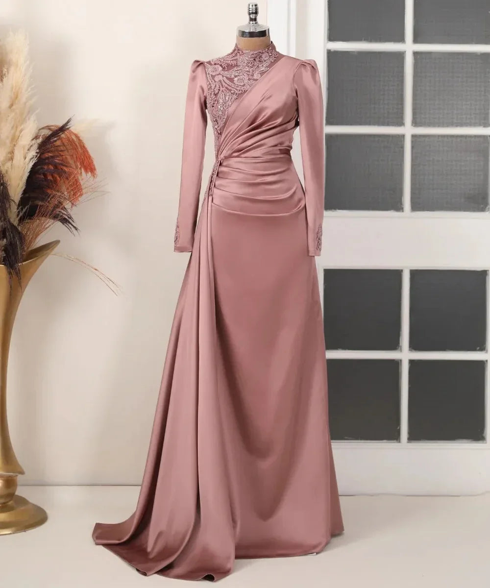 Customized Charmeuse Beading Pleat A-line High Collar Long Dresses Bespoke Occasion Elegant Retro Chinese Style