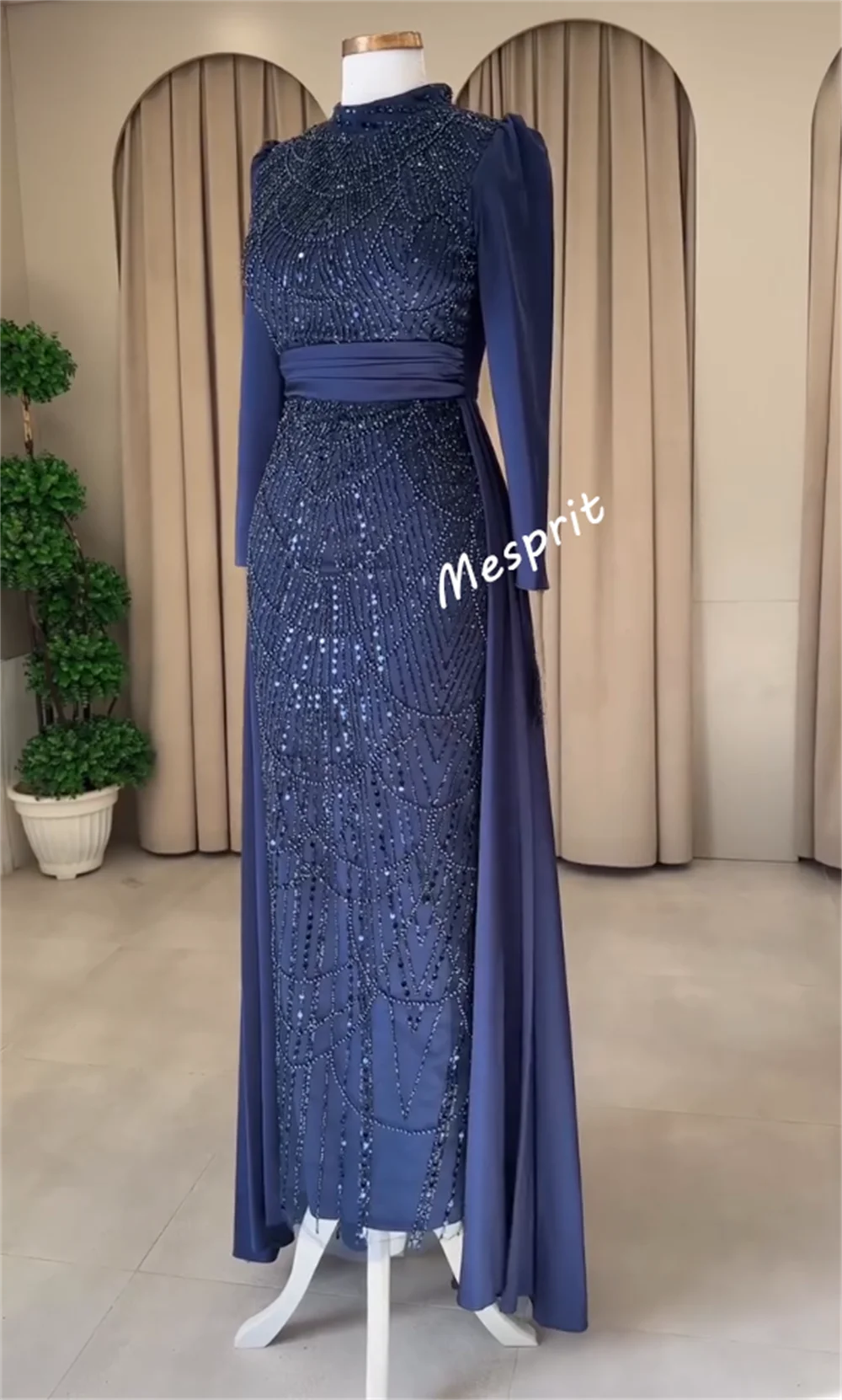 Customized Charmeuse Sequined PleatClassicHigh Collar A-lineLong Dresses Bespoke Occasion Women Luxury Evening Elegant Party