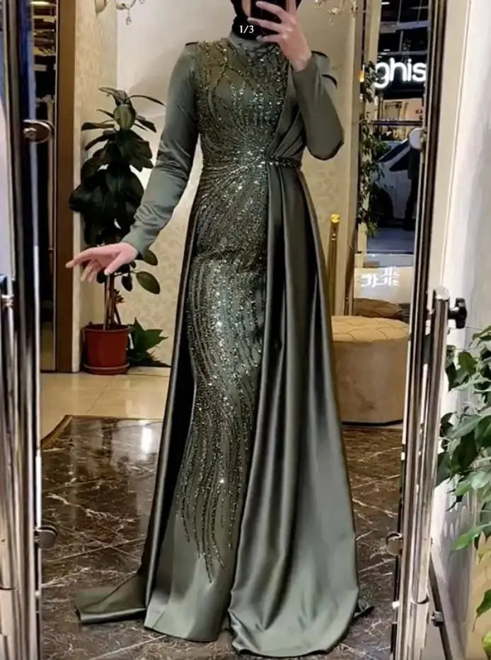 Customized Sequins Soiree Dress Evening Gown Beaded Abiye Formal Wear with Overskirt Satin Mermaid Hijab Evening Dresses