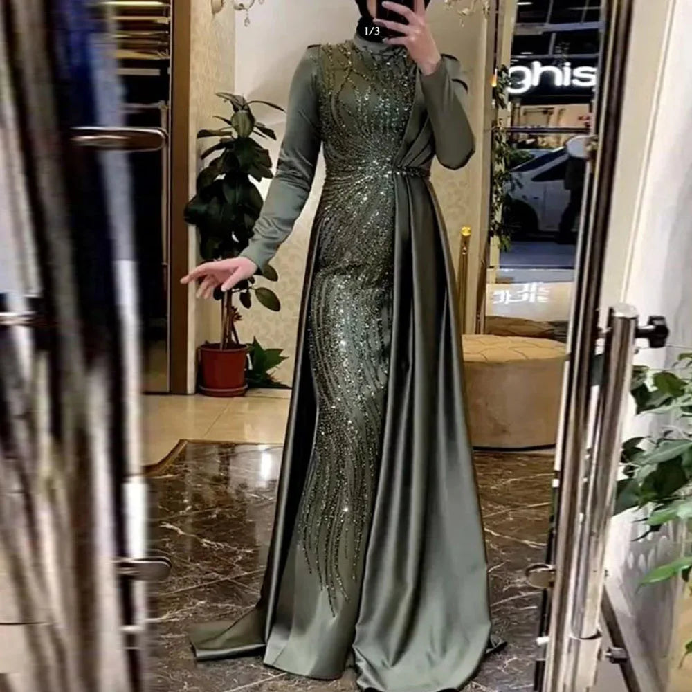 Customized Sequins Soiree Dress Evening Gown Beaded Abiye Formal Wear with Overskirt Satin Mermaid Hijab Evening Dresses