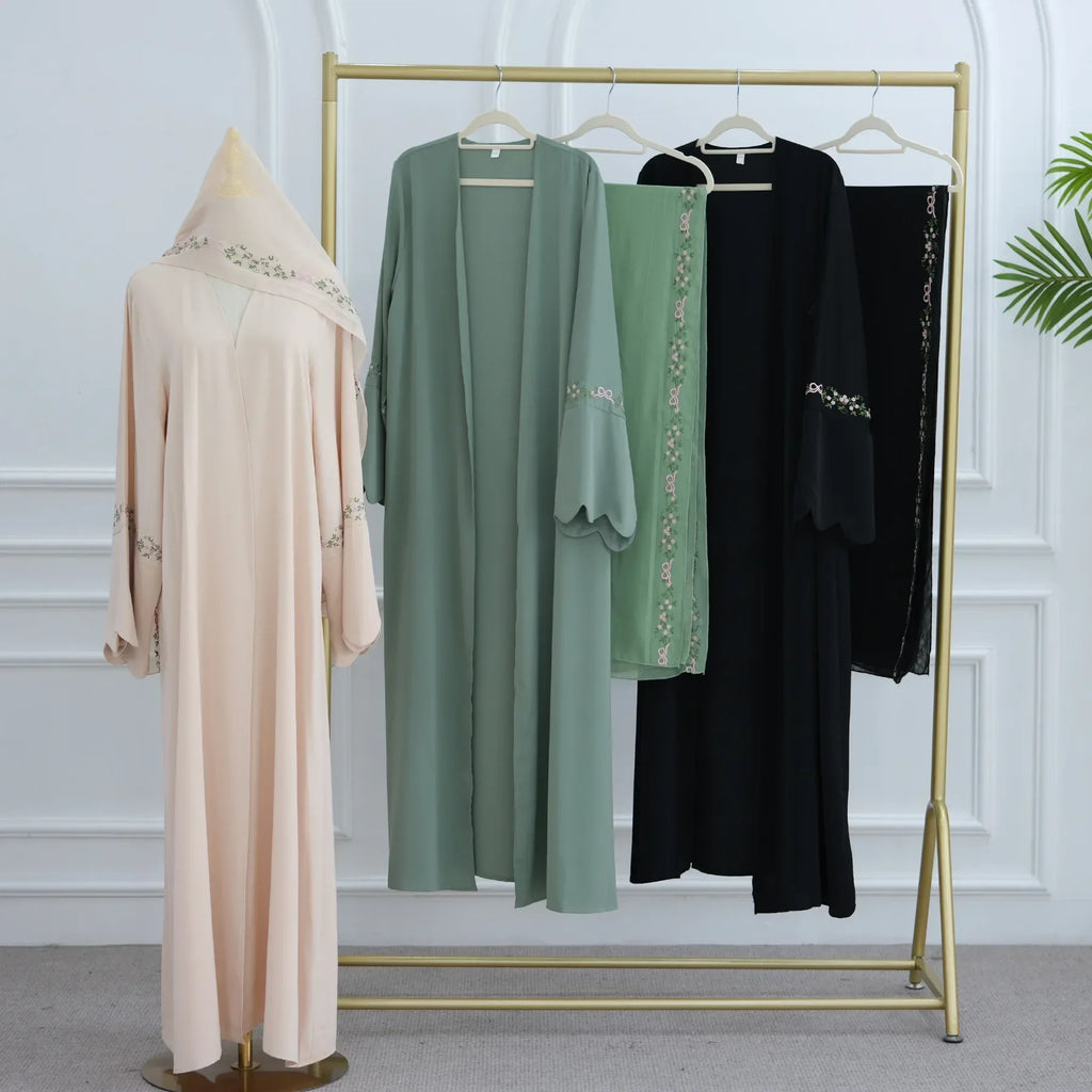 Luxurious Floral Embroidery Hijab Dress for Muslim Women Elegant Dubai Modest Abaya Eid Islam Party Jalabiya Turkey Kaftan Robe
