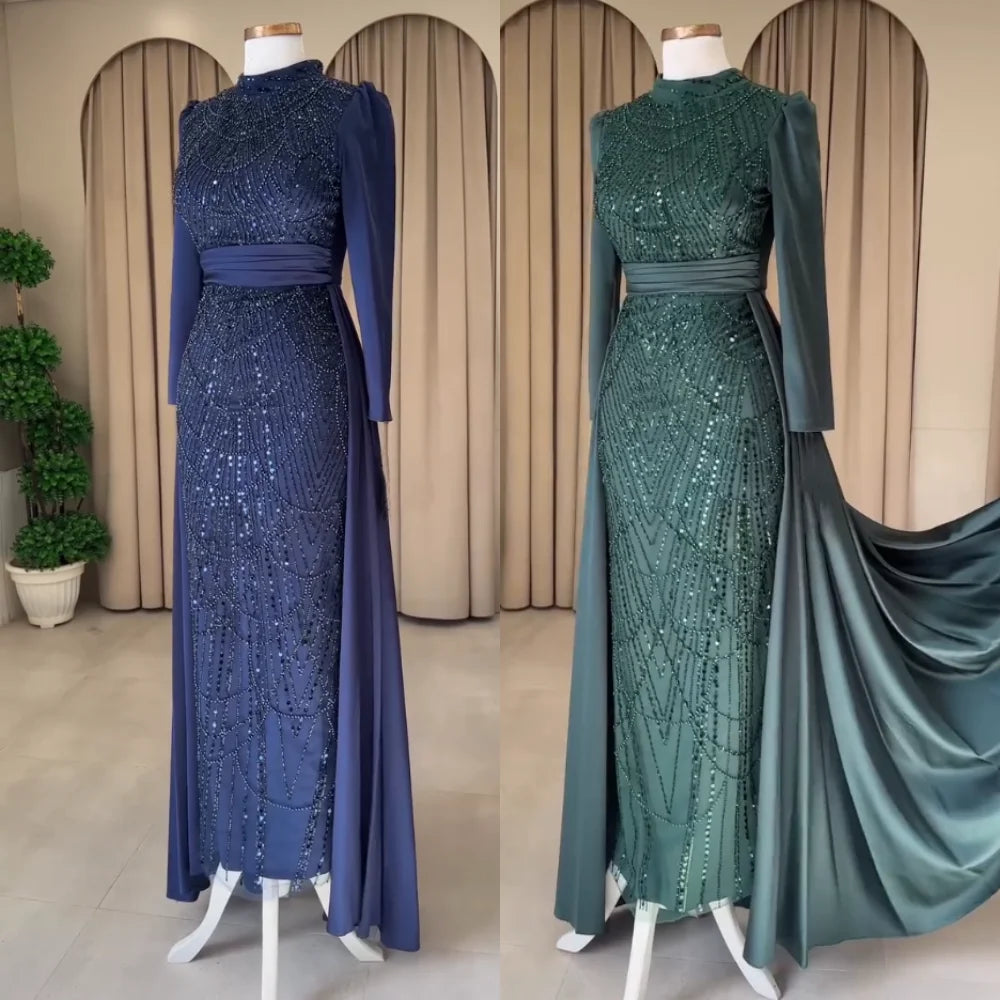 Customized Charmeuse Sequined PleatClassicHigh Collar A-lineLong Dresses Bespoke Occasion Women Luxury Evening Elegant Party