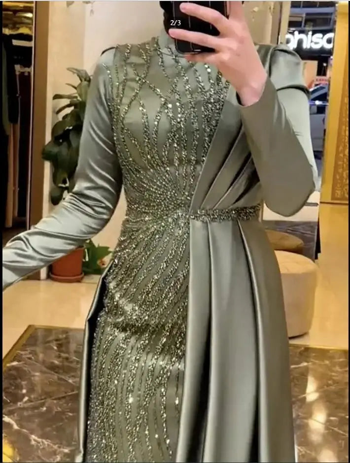 Customized Sequins Soiree Dress Evening Gown Beaded Abiye Formal Wear with Overskirt Satin Mermaid Hijab Evening Dresses