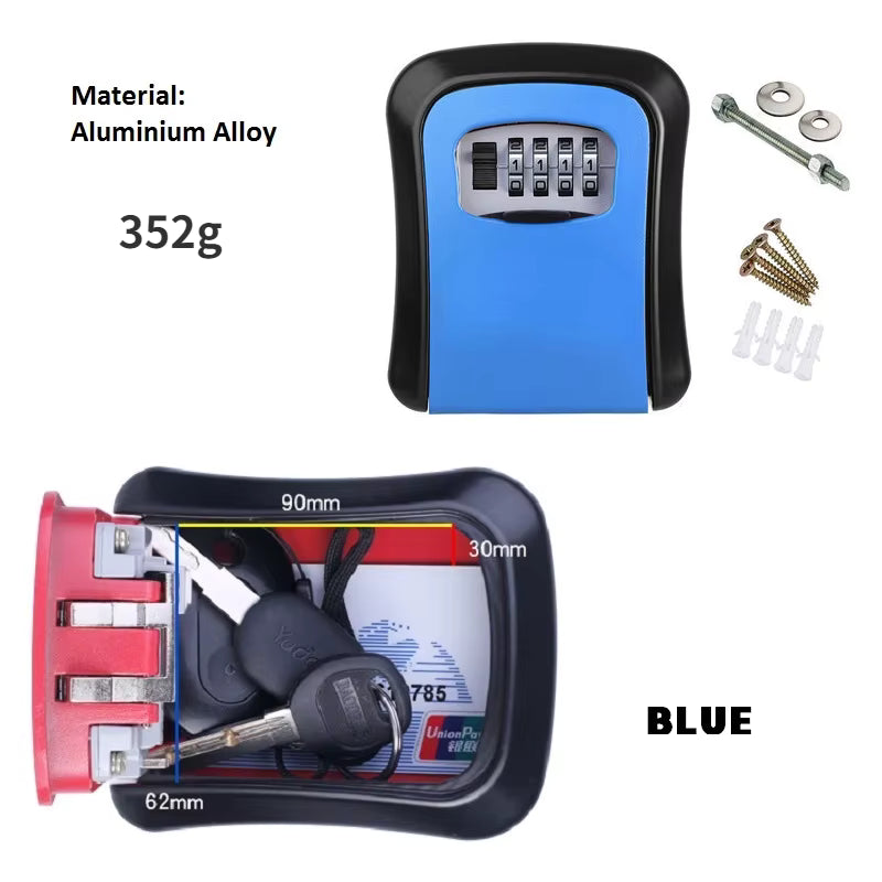 Key Safe Box Weatherproof 4 Digit Combination Outdoor Key Security Storage Case Key Lock Box Wall Mounted Aluminum Alloy Plastic