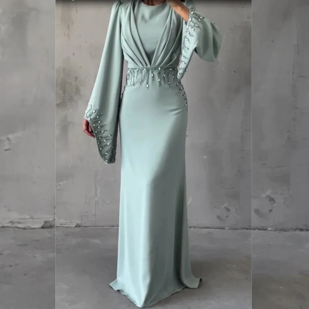 Customized High Quality Jersey Sequined Pleat A-line Scoop Neck Long Dresses Bespoke Occasion Fashion Sexy