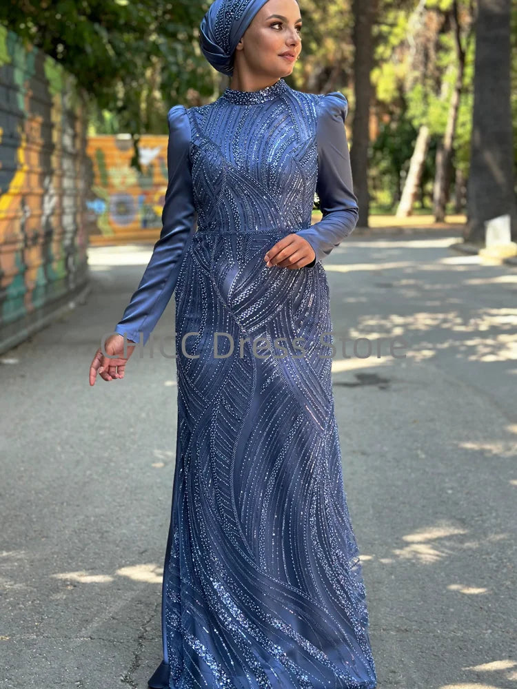 Muslim Evening Dresses Hijab High Neck Long Sleeve Mermaid Stain Prom Dress Pleat Sequined Wedding Guest Party Gown Customized